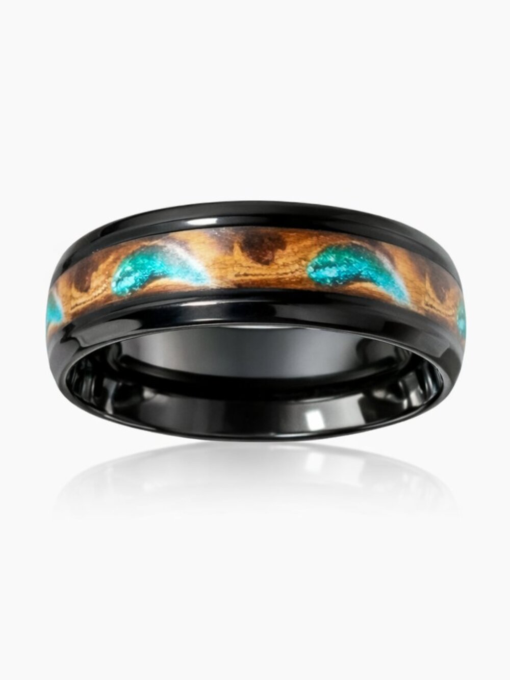 Size 9 Black Stainless-Steel Ring • Sand & Feathered Teal Inlay • Unisex Band